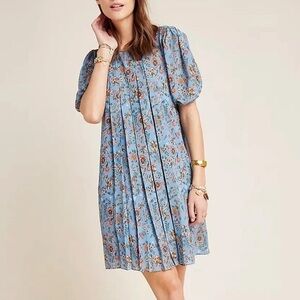 Anthropologie Blue Floral Pleated Swing Dress
